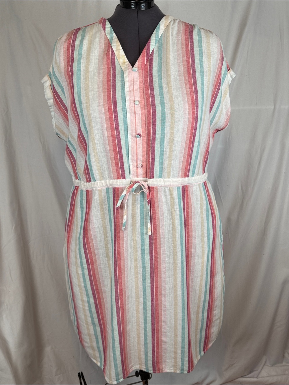 Women's Time & Tru Linen Blend Short Sleeve Midi Dress Drawstring Waist XXXL